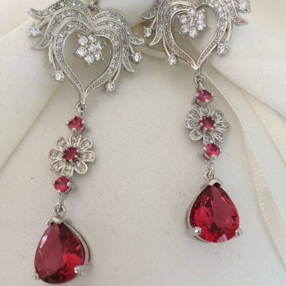 Sterling Silver Rhodolite Garnet Lab Created Long Earrings 925 - Picture 6 of 10